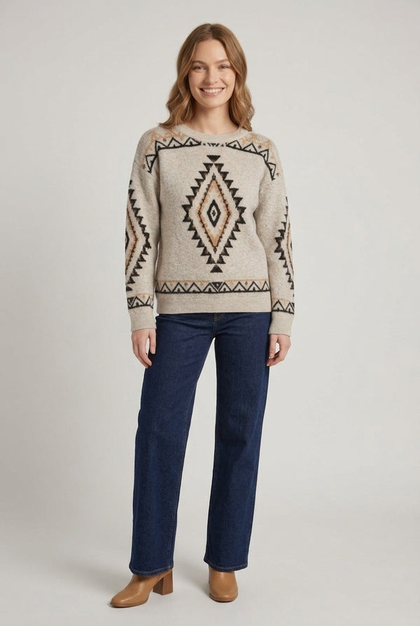 Grey | Aztec Print Relaxed Drop Shoulder Jumper