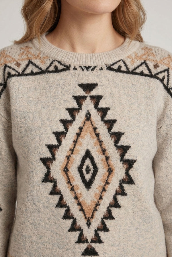 Grey | Aztec Print Relaxed Drop Shoulder Jumper