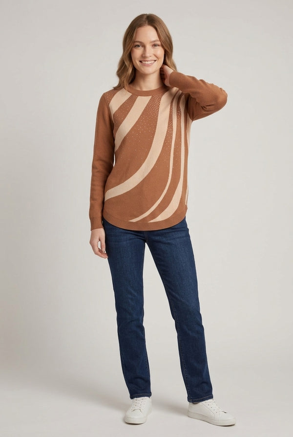 Beige | Diamante Detail Abstract Relaxed Jumper