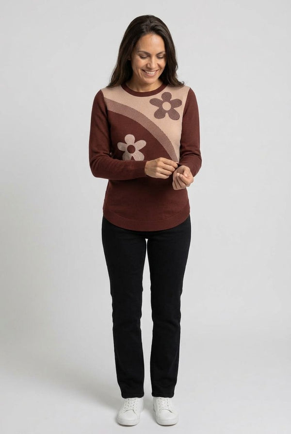 Brown | Floral Sparkly Curve Hem Jumper