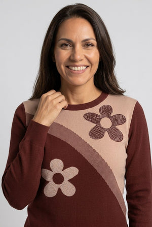 Brown | Floral Sparkly Curve Hem Jumper