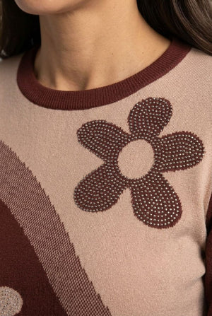 Brown | Floral Sparkly Curve Hem Jumper