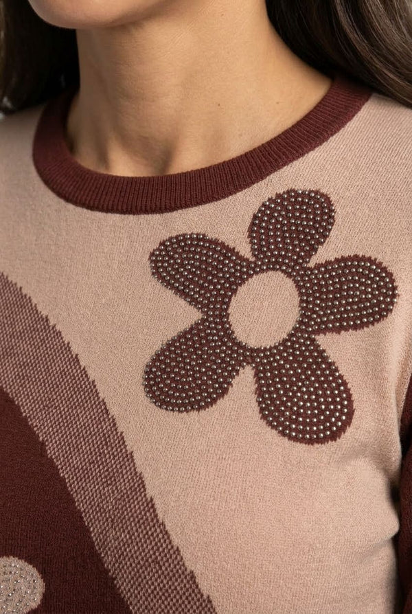 Brown | Floral Sparkly Curve Hem Jumper