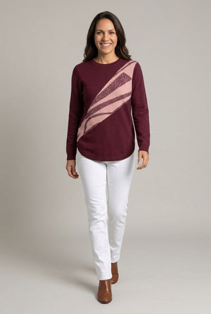 Burgundy | Abstract Sparkly Curve Hem Jumper