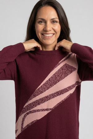 Burgundy | Abstract Sparkly Curve Hem Jumper