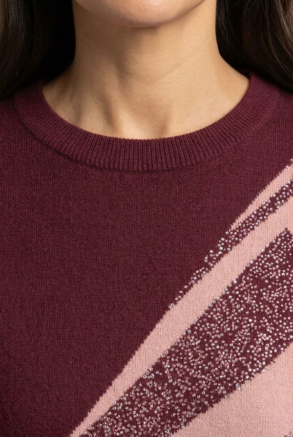 Burgundy | Abstract Sparkly Curve Hem Jumper