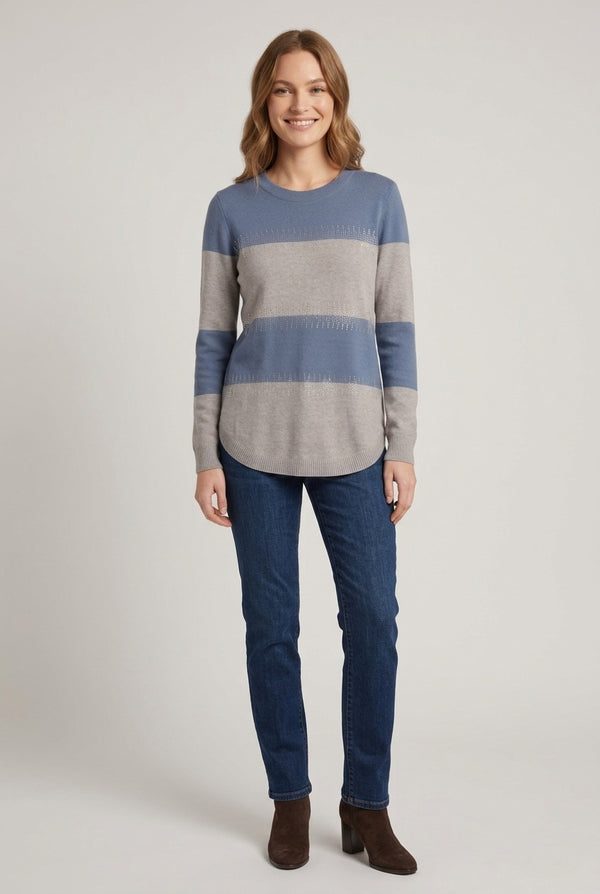 Blue | Embellished Striped Curve Hem Jumper