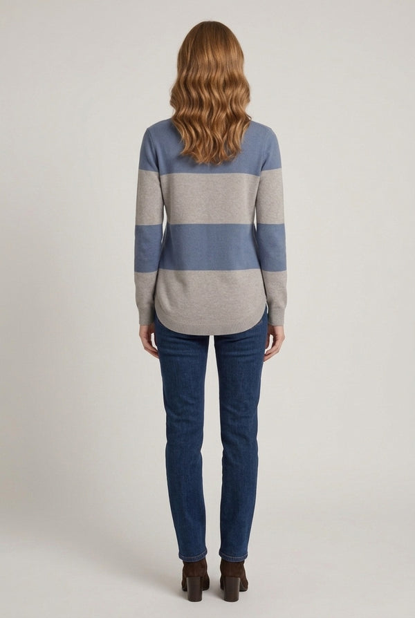 Blue | Embellished Striped Curve Hem Jumper