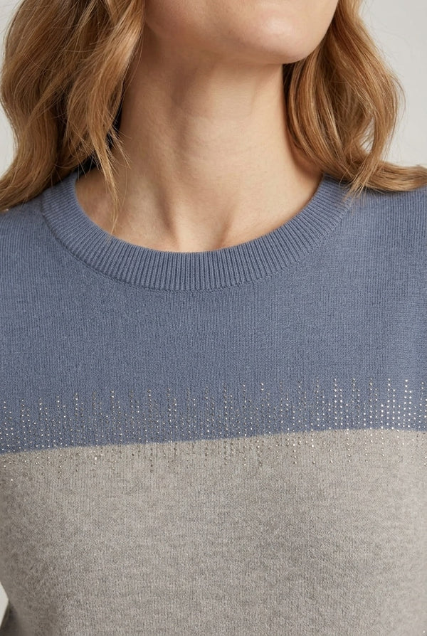 Blue | Embellished Striped Curve Hem Jumper