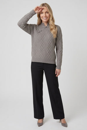 Grey | Chevron Texture Mandarin Collar Jumper : Model is 5'7