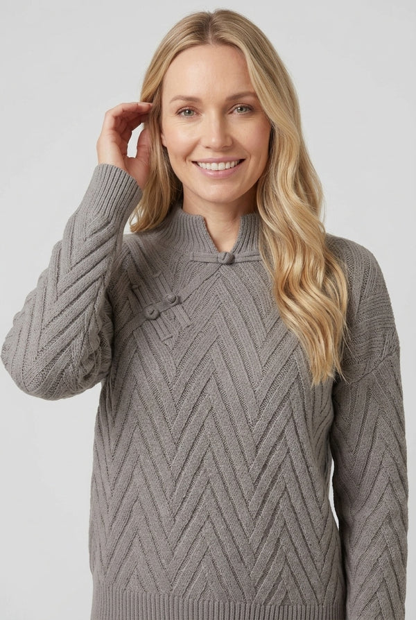 Grey | Chevron Texture Mandarin Collar Jumper