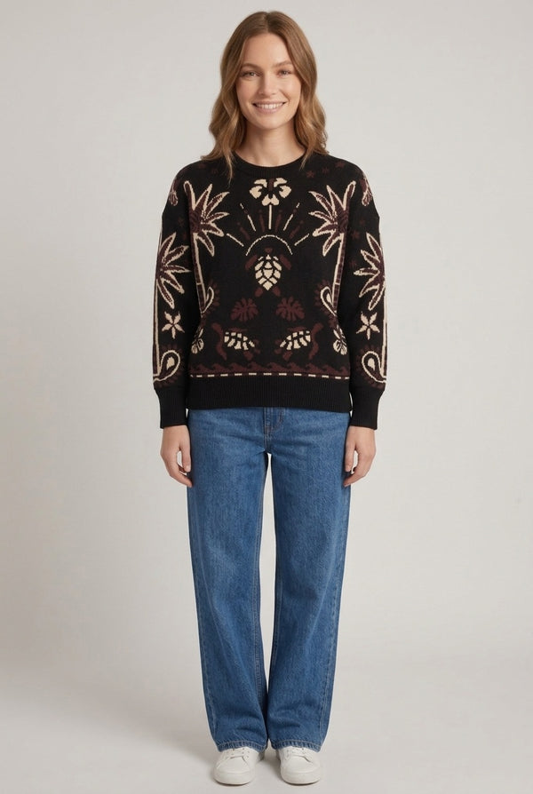 Black | Abstract Print Batwing Relaxed Jumper