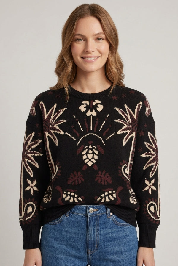 Black | Abstract Print Batwing Relaxed Jumper