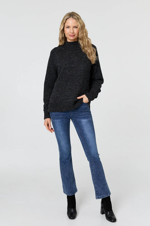 Black | Textured High Neck Long Sleeve Jumper