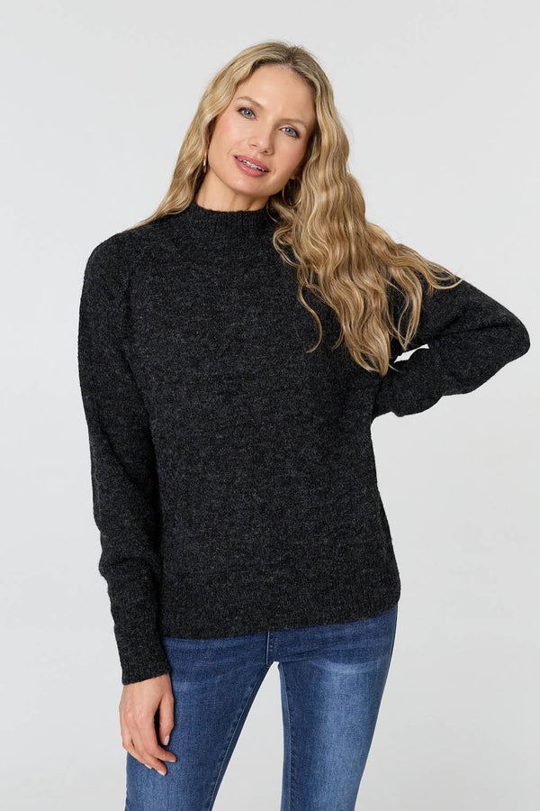 Black | Textured High Neck Long Sleeve Jumper