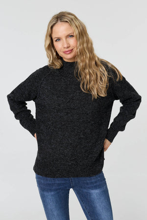 Black | Textured High Neck Long Sleeve Jumper