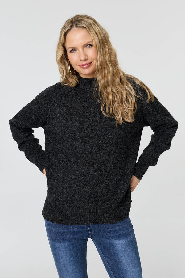Black | Textured High Neck Long Sleeve Jumper