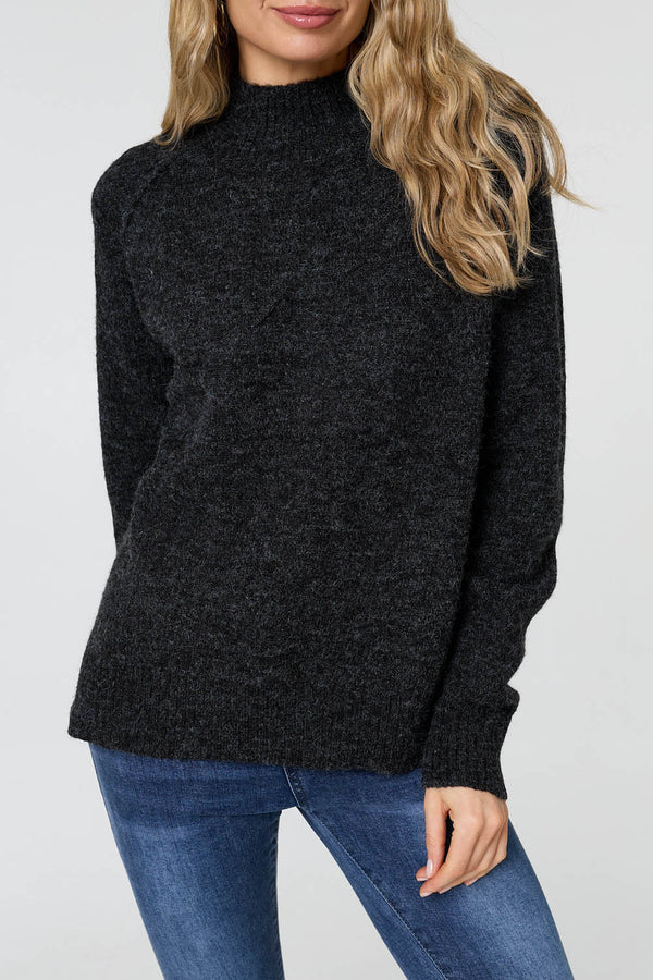 Black | Textured High Neck Long Sleeve Jumper