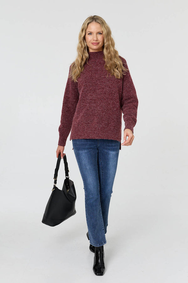 Burgundy | Textured High Neck Long Sleeve Jumper