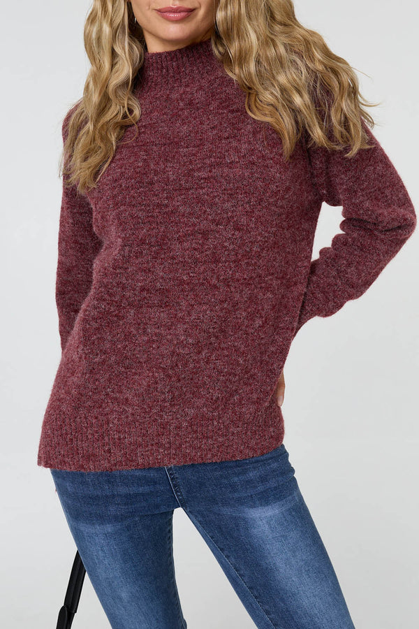 Burgundy | Textured High Neck Long Sleeve Jumper