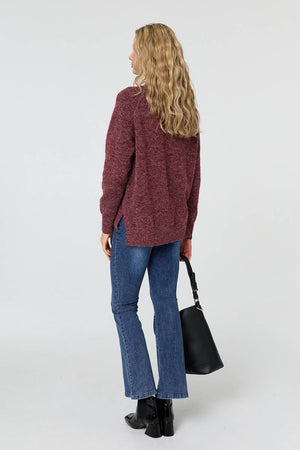 Burgundy | Textured High Neck Long Sleeve Jumper