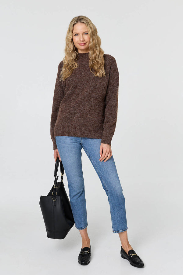Brown | Textured High Neck Long Sleeve Jumper