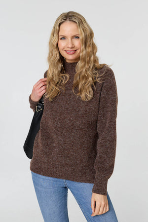 Brown | Textured High Neck Long Sleeve Jumper