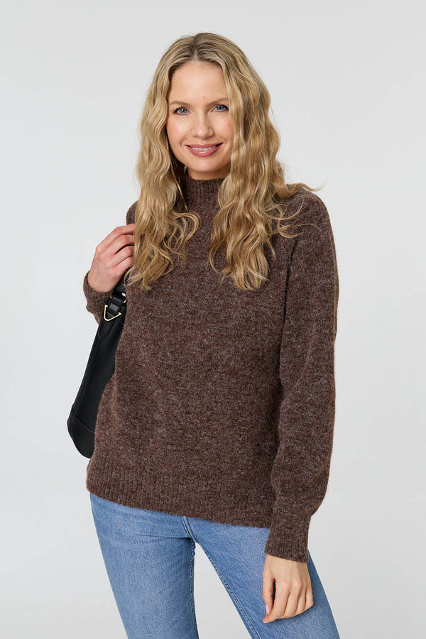 Brown | Textured High Neck Long Sleeve Jumper