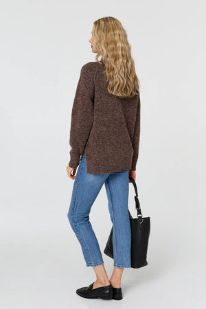 Brown | Textured High Neck Long Sleeve Jumper