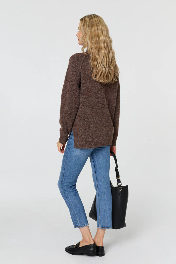 Brown | Textured High Neck Long Sleeve Jumper