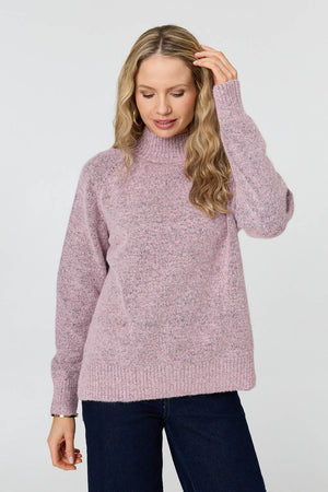 Pink | Textured High Neck Long Sleeve Jumper