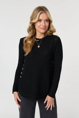 Black | Textured Relaxed Long Sleeve Jumper