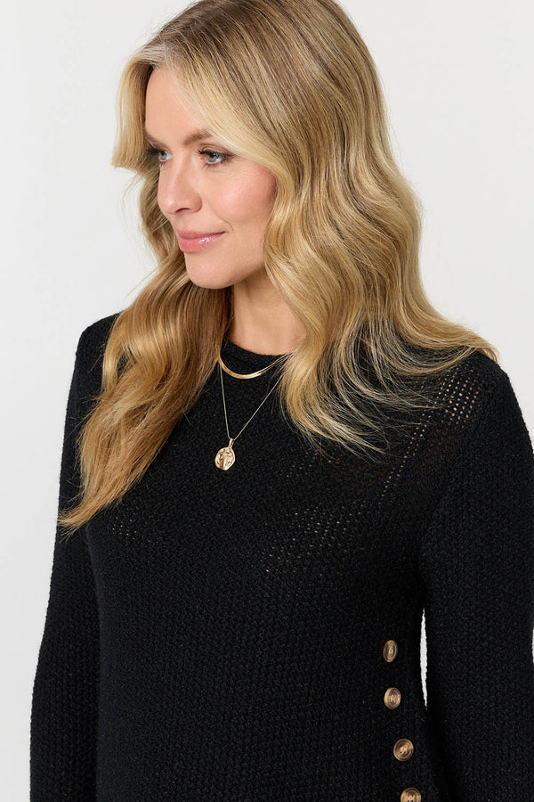 Black | Textured Relaxed Long Sleeve Jumper