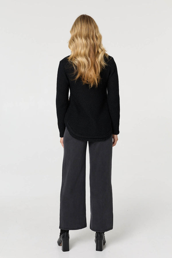 Black | Textured Relaxed Long Sleeve Jumper