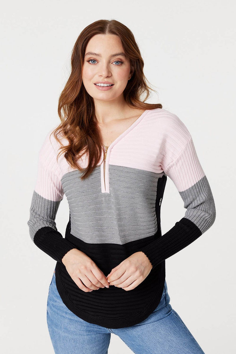 Pink | Striped Zip Front Ribbed Knit Jumper