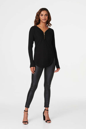 Black | Zip Detail Ribbed Knit Pullover