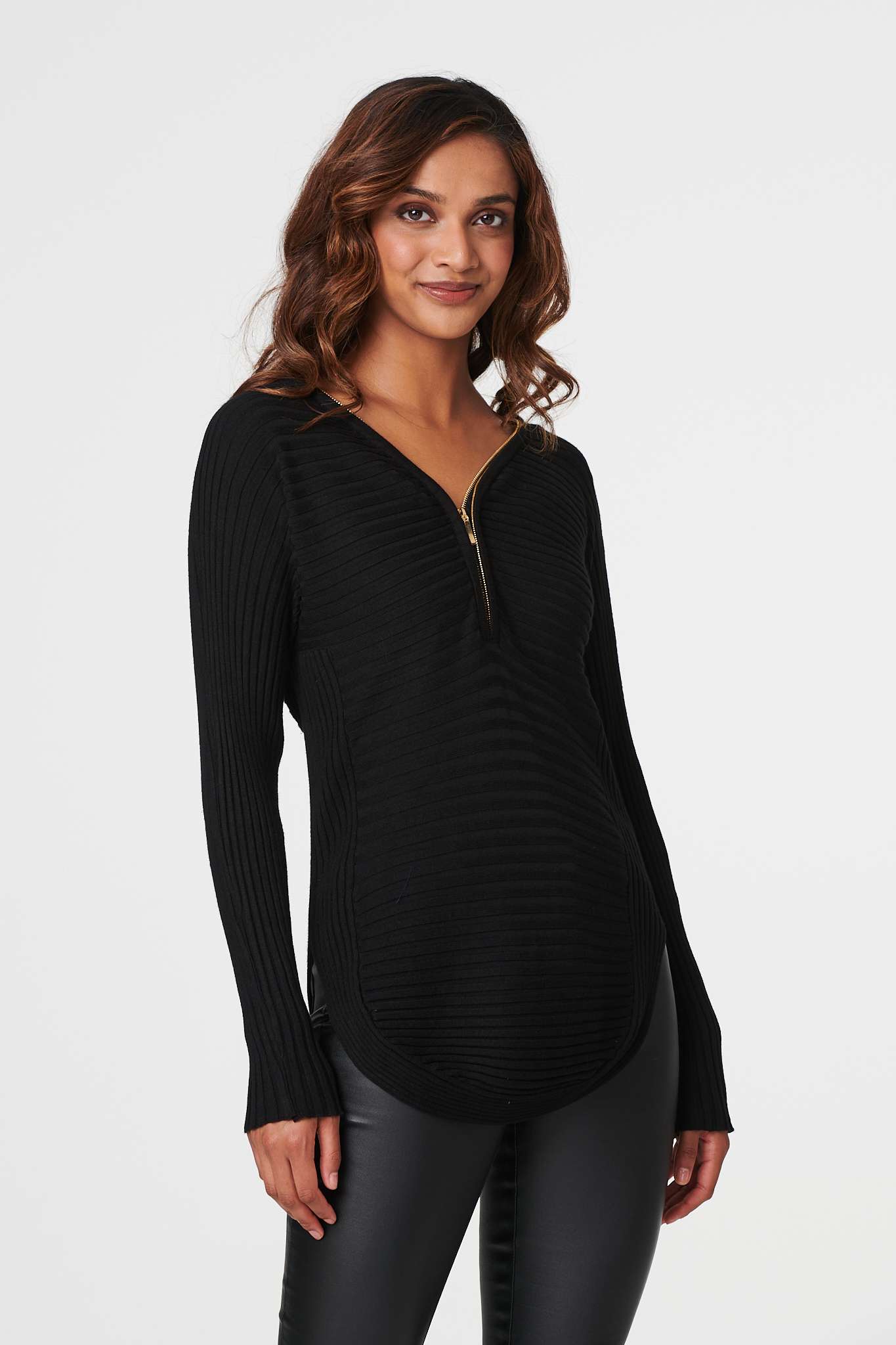 Black | Zip Detail Ribbed Knit Pullover