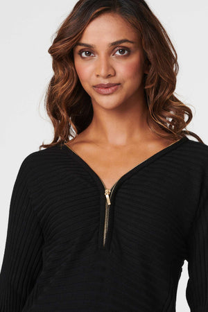 Black | Zip Detail Ribbed Knit Pullover