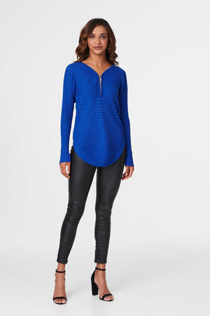 Blue | Zip Detail Ribbed Knit Pullover