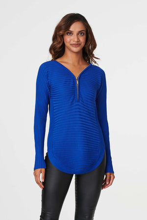 Blue | Zip Detail Ribbed Knit Pullover