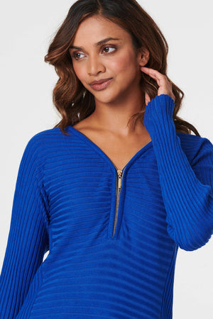 Blue | Zip Detail Ribbed Knit Pullover