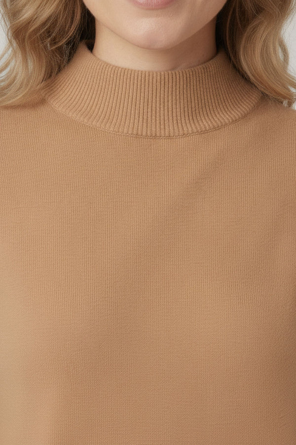 Beige | High Neck Long Sleeve Slim Fit Top