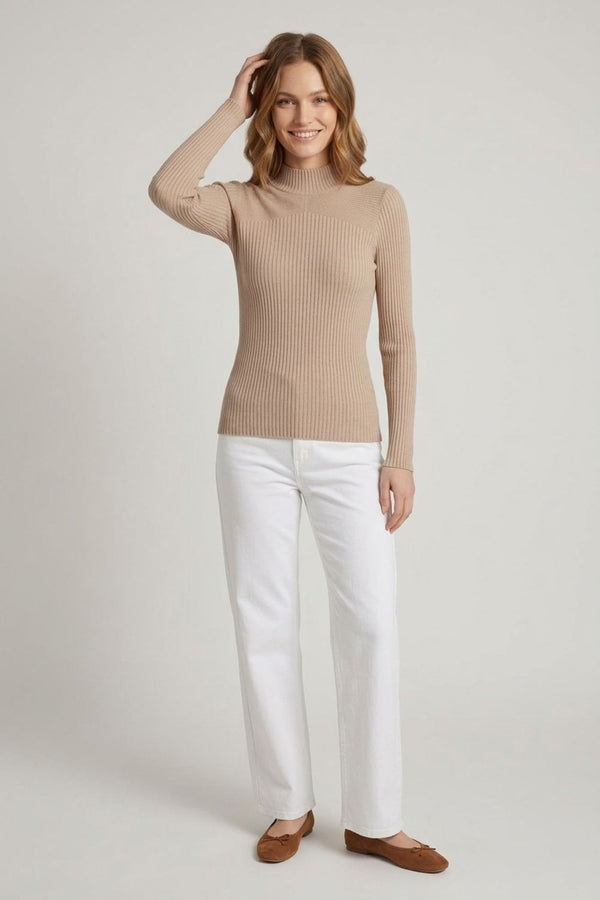 Beige | Striped Texture High Neck Slim Knit Top
