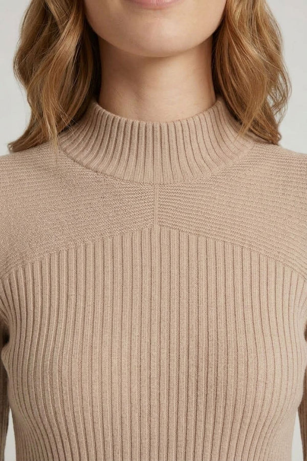 Beige | Striped Texture High Neck Slim Knit Top
