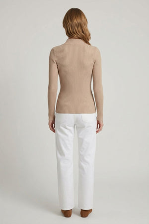 Beige | Striped Texture High Neck Slim Knit Top