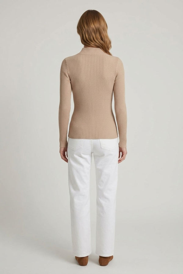 Beige | Striped Texture High Neck Slim Knit Top