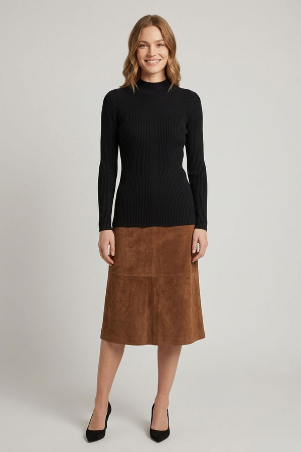 Black | Striped Texture High Neck Slim Knit Top
