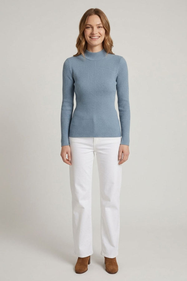 Blue | Striped Texture High Neck Slim Knit Top