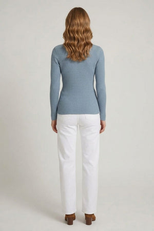 Blue | Striped Texture High Neck Slim Knit Top