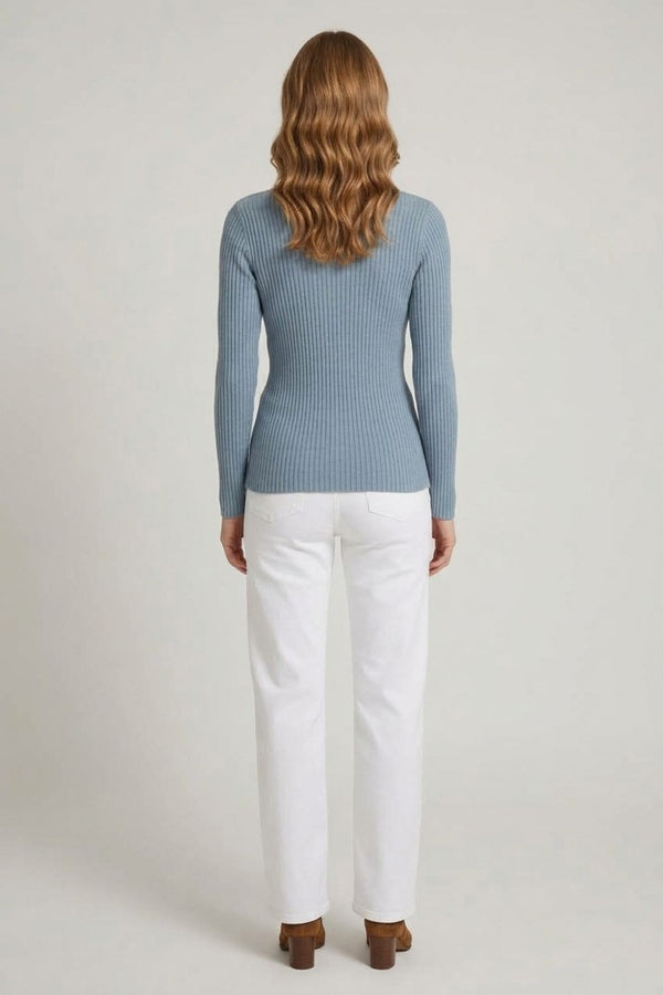 Blue | Striped Texture High Neck Slim Knit Top
